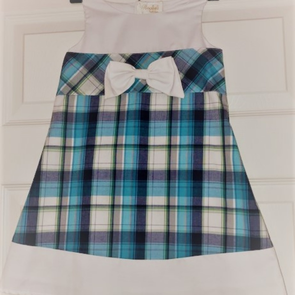 Rosalina Blue Plaid Dress with White bow 3T